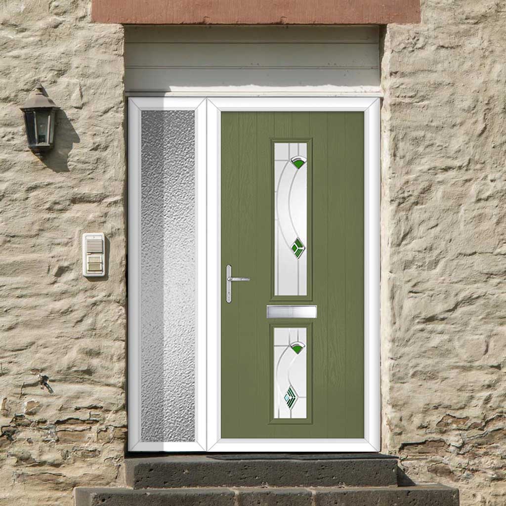 Cottage Style Debonaire 2 Composite Front Door Set with Single Side Screen - Central Kupang Green Glass - Shown in Reed Green