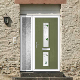 Image: Cottage Style Debonaire 2 Composite Front Door Set with Single Side Screen - Central Kupang Green Glass - Shown in Reed Green