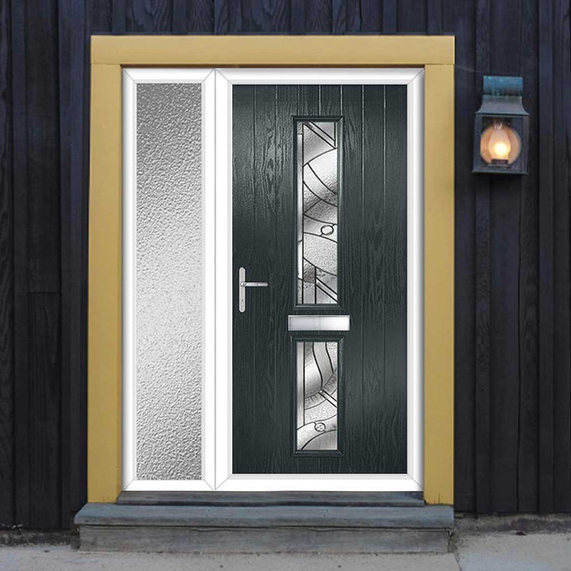 Cottage Style Debonaire 2 Composite Front Door Set with Single Side Screen - Central Abstract Glass - Shown in Anthracite Grey