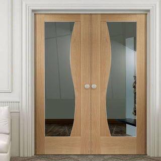Image: Emilia Oak Flush Door Pair - Stepped Panel Design - Clear Glass