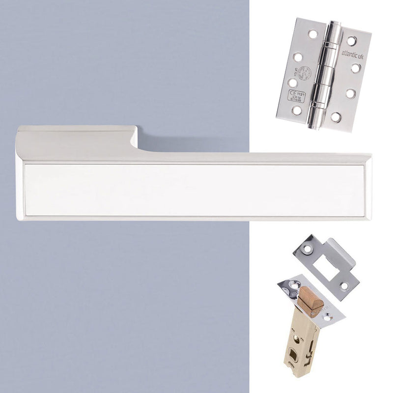 Tupai Rapido VersaLine Tobar Fire Lever on Long Rose - White Decorative Plate - Bright Polished Chrome Handle Pack