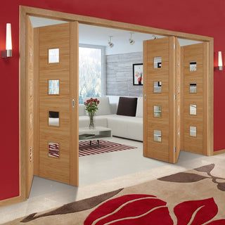 Image: Five Folding Doors & Frame Kit - Vancouver 4LS Oak 3+2 Diamond Lined Clear Glass - Prefinished