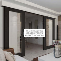 Double Sliding Door & Wall Track - Diez Charcoal Black 1L Door - Raised Mouldings - Clear Glass - Prefinished
