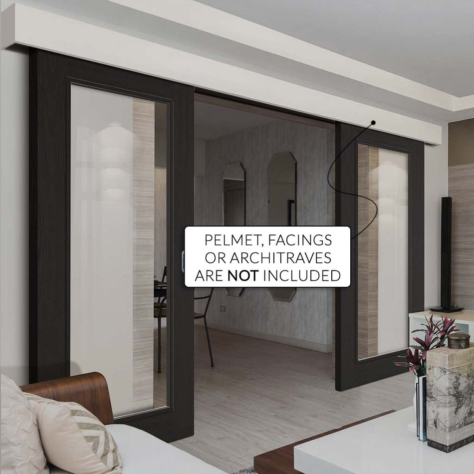 Double Sliding Door & Wall Track - Diez Charcoal Black 1L Door - Raised Mouldings - Clear Glass - Prefinished