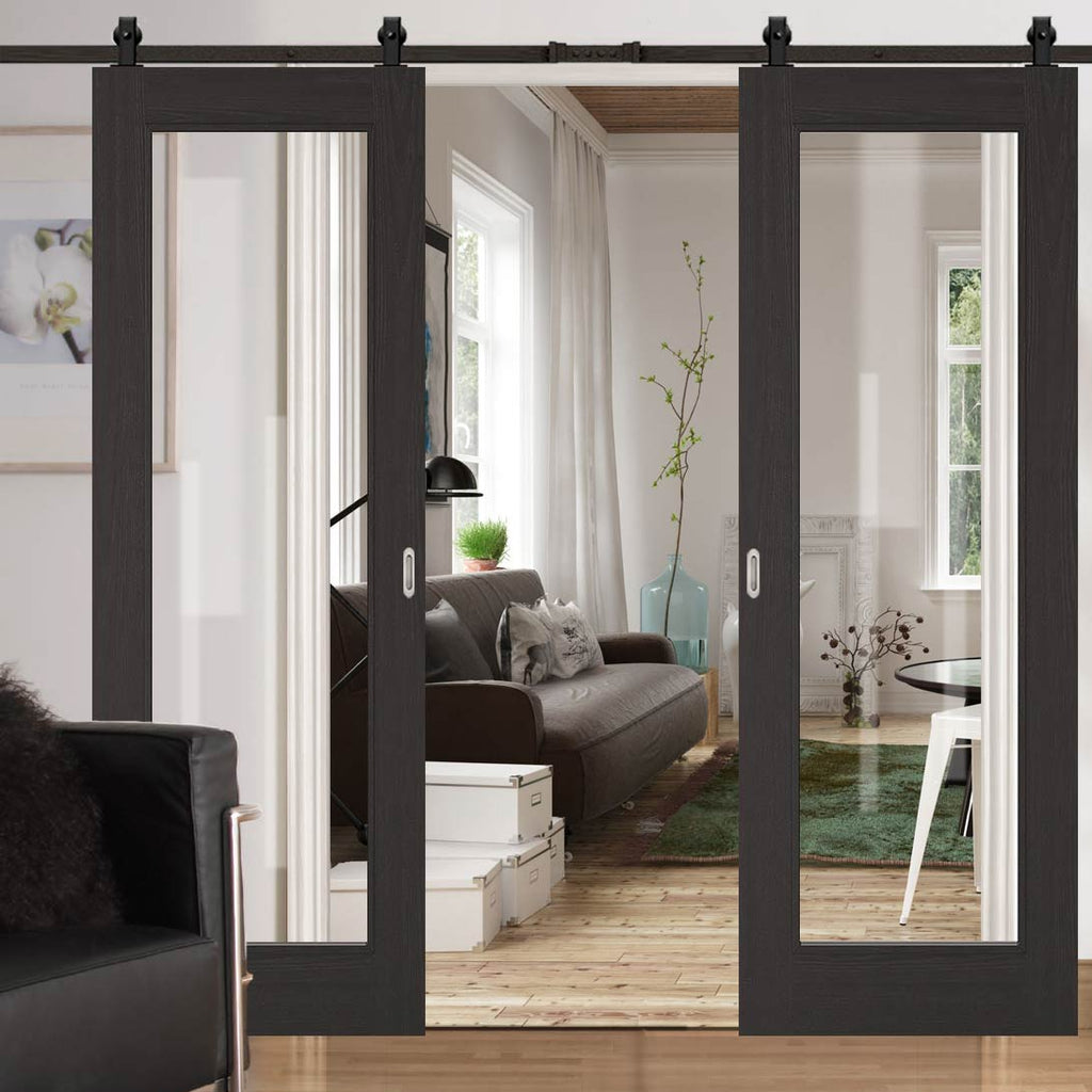 Top Mounted Black Sliding Track & Double Door - Diez Charcoal Black 1L Doors - Raised Mouldings - Clear Glass - Prefinished