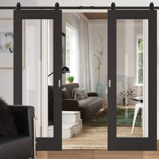 Image: Top Mounted Black Sliding Track & Double Door - Diez Charcoal Black 1L Doors - Raised Mouldings - Clear Glass - Prefinished