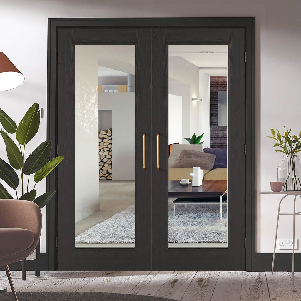 Diez Charcoal Black 1L Door Pair - Raised Mouldings - Clear Glass - Prefinished