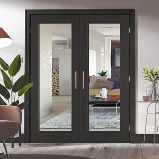 Image: Diez Charcoal Black 1L Door Pair - Raised Mouldings - Clear Glass - Prefinished