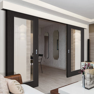 Image: Double Sliding Door & Wall Track - Diez Charcoal Black 1L Door - Raised Mouldings - Clear Glass - Prefinished