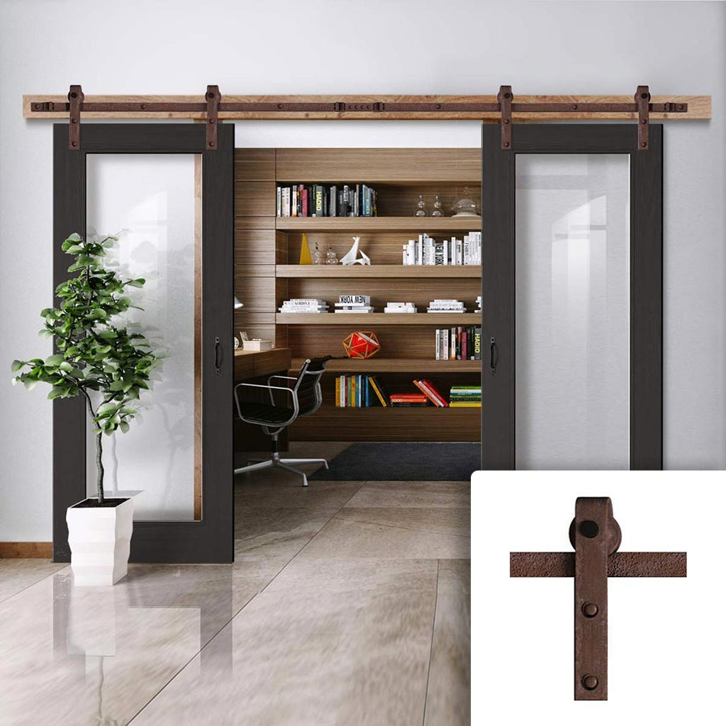 Double Sliding Door & Straight Antique Rust Track - Diez Charcoal Black 1L Door - Raised Mouldings - Clear Glass - Prefinished