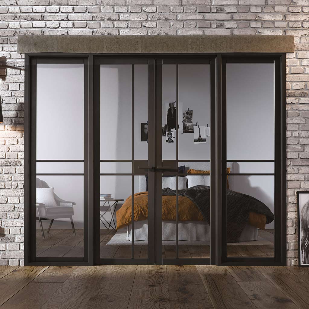W8 Greenwich Room Divider Door & Frame Kit - Clear Glass - Black Primed - 2031x2478mm Wide