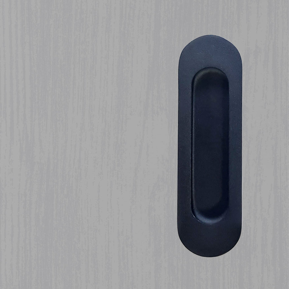 One Pair of Burbank 120mm Sliding Door Oval Flush Pulls - Matt Black Finish