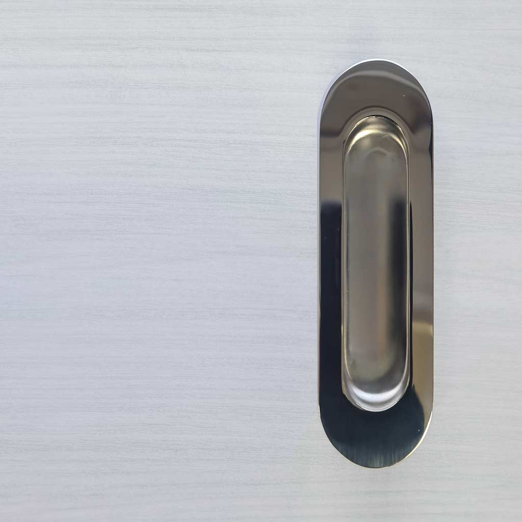 One Pair of Burbank 120mm Sliding Door Oval Flush Pulls - Polished Stainless Steel