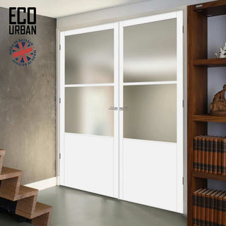 Image: Eco-Urban Berkley 2 Pane 1 Panel Solid Wood Internal Door Pair UK Made DD6309SG - Frosted Glass - Eco-Urban® Cloud White Premium Primed