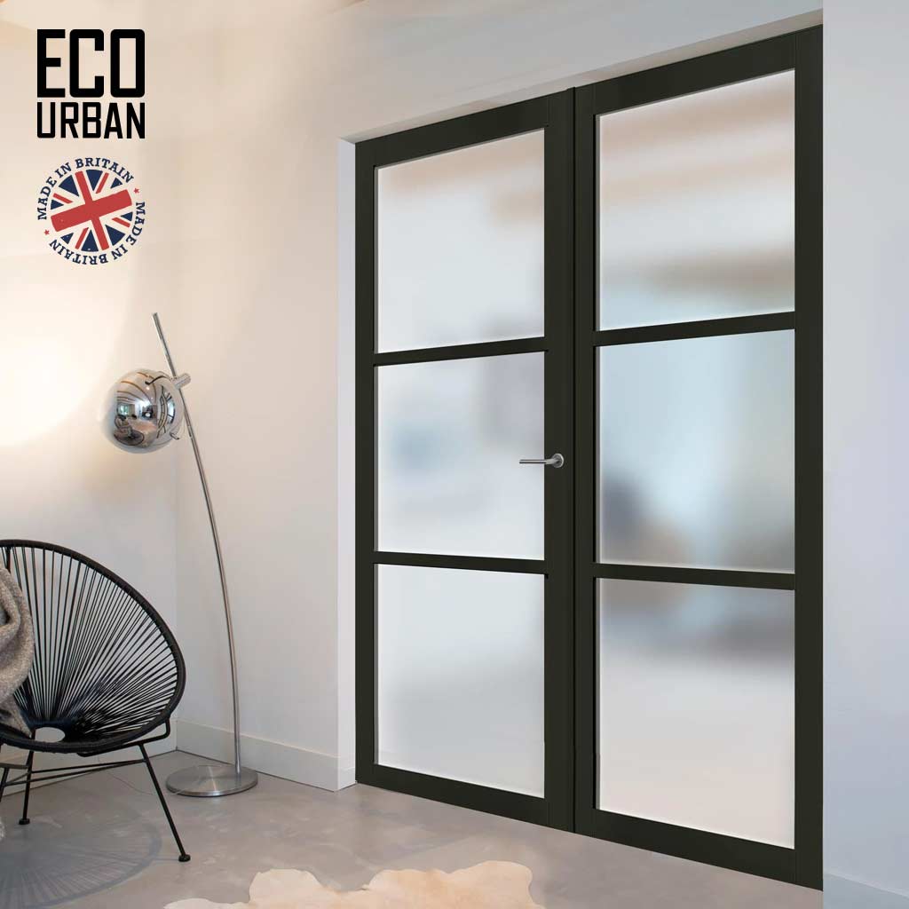 Eco-Urban Manchester 3 Pane Solid Wood Internal Door Pair UK Made DD6306SG - Frosted Glass - Eco-Urban® Shadow Black Premium Primed