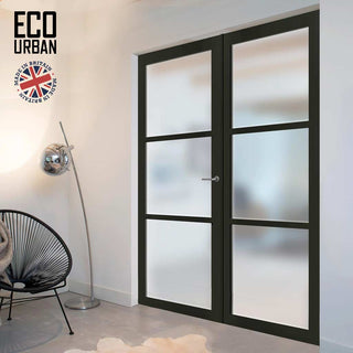 Image: Eco-Urban Manchester 3 Pane Solid Wood Internal Door Pair UK Made DD6306SG - Frosted Glass - Eco-Urban® Shadow Black Premium Primed