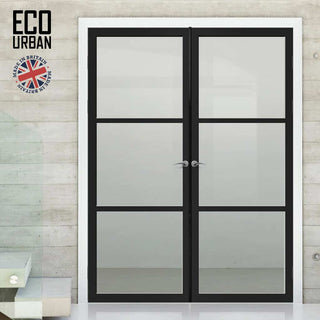 Image: Manchester 3 Pane Solid Wood Internal Door Pair UK Made DD6306G - Clear Glass - Eco-Urban® Shadow Black Premium Primed