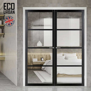 Image: Brooklyn 4 Pane Solid Wood Internal Door Pair UK Made DD6308G - Clear Glass - Eco-Urban® Shadow Black Premium Primed