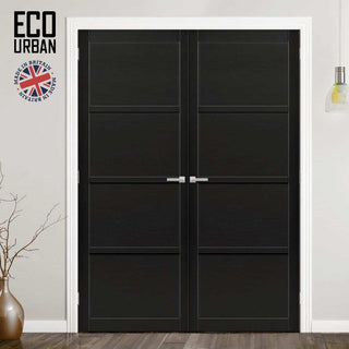 Image: Brooklyn 4 Panel Solid Wood Internal Door Pair UK Made DD6307 - Eco-Urban® Shadow Black Premium Primed