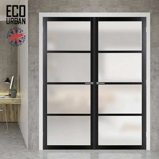 Image: Eco-Urban Brooklyn 4 Pane Solid Wood Internal Door Pair UK Made DD6308SG - Frosted Glass - Eco-Urban® Shadow Black Premium Primed