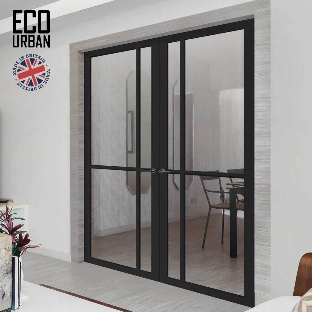Marfa 4 Pane Solid Wood Internal Door Pair UK Made DD6313G - Clear Glass - Eco-Urban® Shadow Black Premium Primed