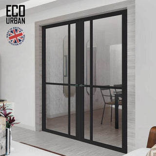 Image: Marfa 4 Pane Solid Wood Internal Door Pair UK Made DD6313G - Clear Glass - Eco-Urban® Shadow Black Premium Primed