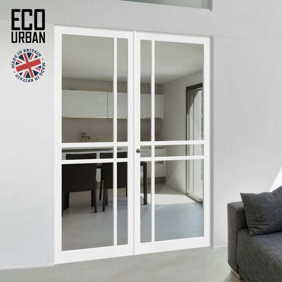 Glasgow 6 Pane Solid Wood Internal Door Pair UK Made DD6314G - Clear Glass - Eco-Urban® Cloud White Premium Primed