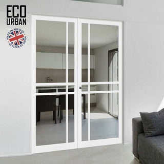Image: Glasgow 6 Pane Solid Wood Internal Door Pair UK Made DD6314G - Clear Glass - Eco-Urban® Cloud White Premium Primed