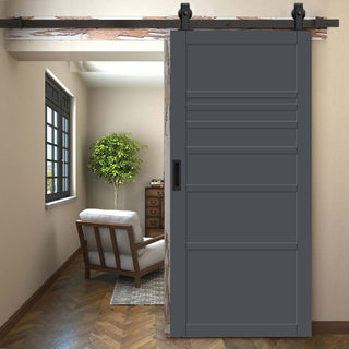 Image: Top Mounted Black Sliding Track & Solid Wood Door - Eco-Urban® Oslo 7 Panel Solid Wood Door DD6400 - Stormy Grey Premium Primed