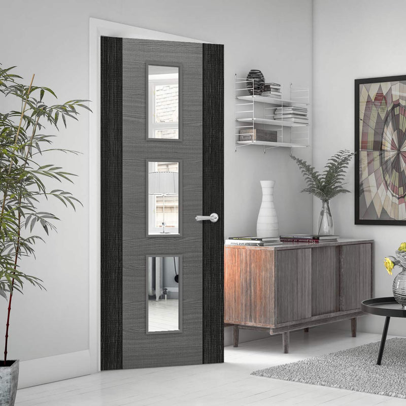 Bespoke Door - Flush Dark Grey Panel - American Light Grey Ash Veneer - Clear Glass - 11 - Prefinished