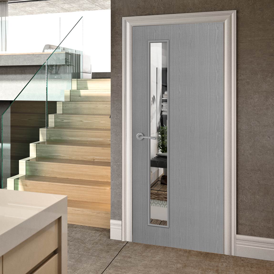 Bespoke Door - Flush American Light Grey Ash Veneer - Clear Glass - 06 - Prefinished