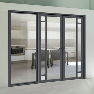 Image: Bespoke Room Divider - Eco-Urban® Suburban Door Pair DD6411CF Clear Glass(2 FROSTED CORNER PANES) with Full Glass Side - Premium Primed - Colour & Size Options