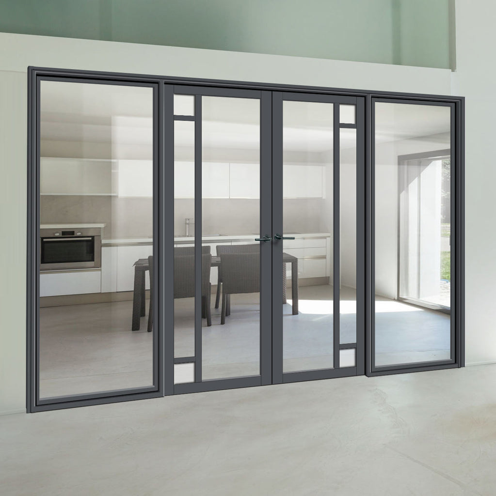 Bespoke Room Divider - Eco-Urban® Suburban Door Pair DD6411CF Clear Glass(2 FROSTED CORNER PANES) with Full Glass Sides - Premium Primed - Colour & Size Options
