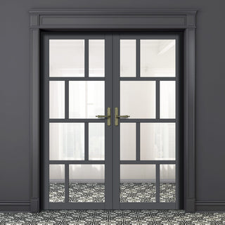 Image: Eco-Urban Kochi 8 Pane Solid Wood Internal Door Pair UK Made DD6415G Clear Glass - Eco-Urban® Stormy Grey Premium Primed