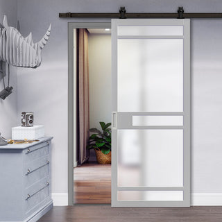 Image: Top Mounted Black Sliding Track & Solid Wood Door - Eco-Urban® Sheffield 5 Pane Solid Wood Door DD6312SG - Frosted Glass - Mist Grey Premium Primed