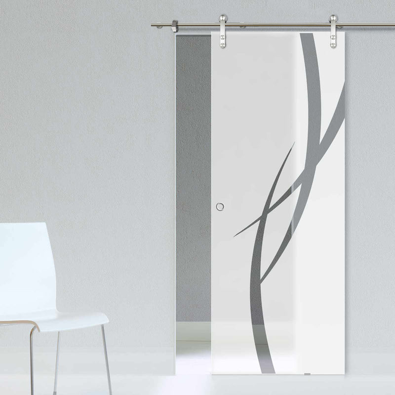 Single Glass Sliding Door - Solaris Tubular Stainless Steel Sliding Track & Stenton 8mm Obscure Glass - Clear Printed Design