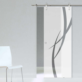 Image: Single Glass Sliding Door - Solaris Tubular Stainless Steel Sliding Track & Stenton 8mm Obscure Glass - Clear Printed Design