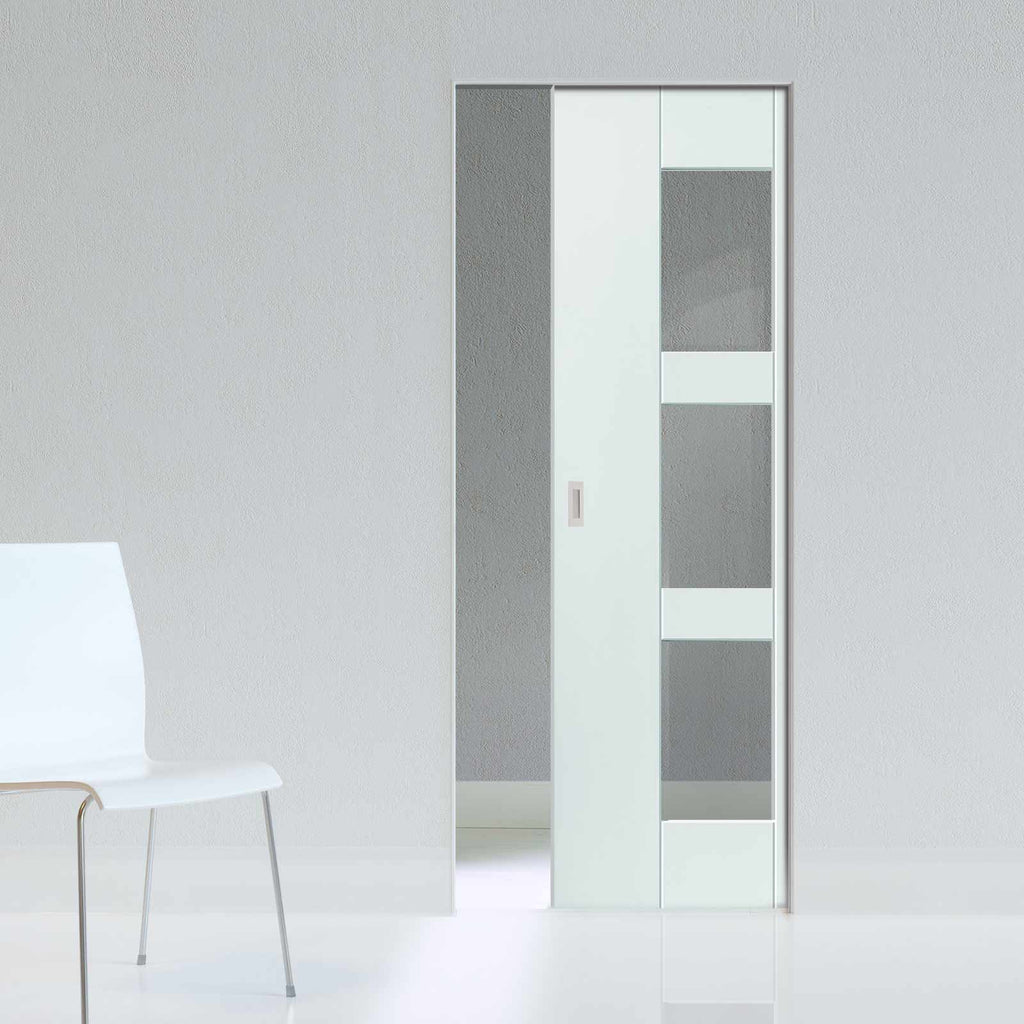 Geo Absolute Evokit Pocket Door - Clear Glass - White Primed