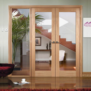 Image: ThruEasi Oak Room Divider - Pattern 10 Clear Glass Unfinished Door Pair with Full Glass Side