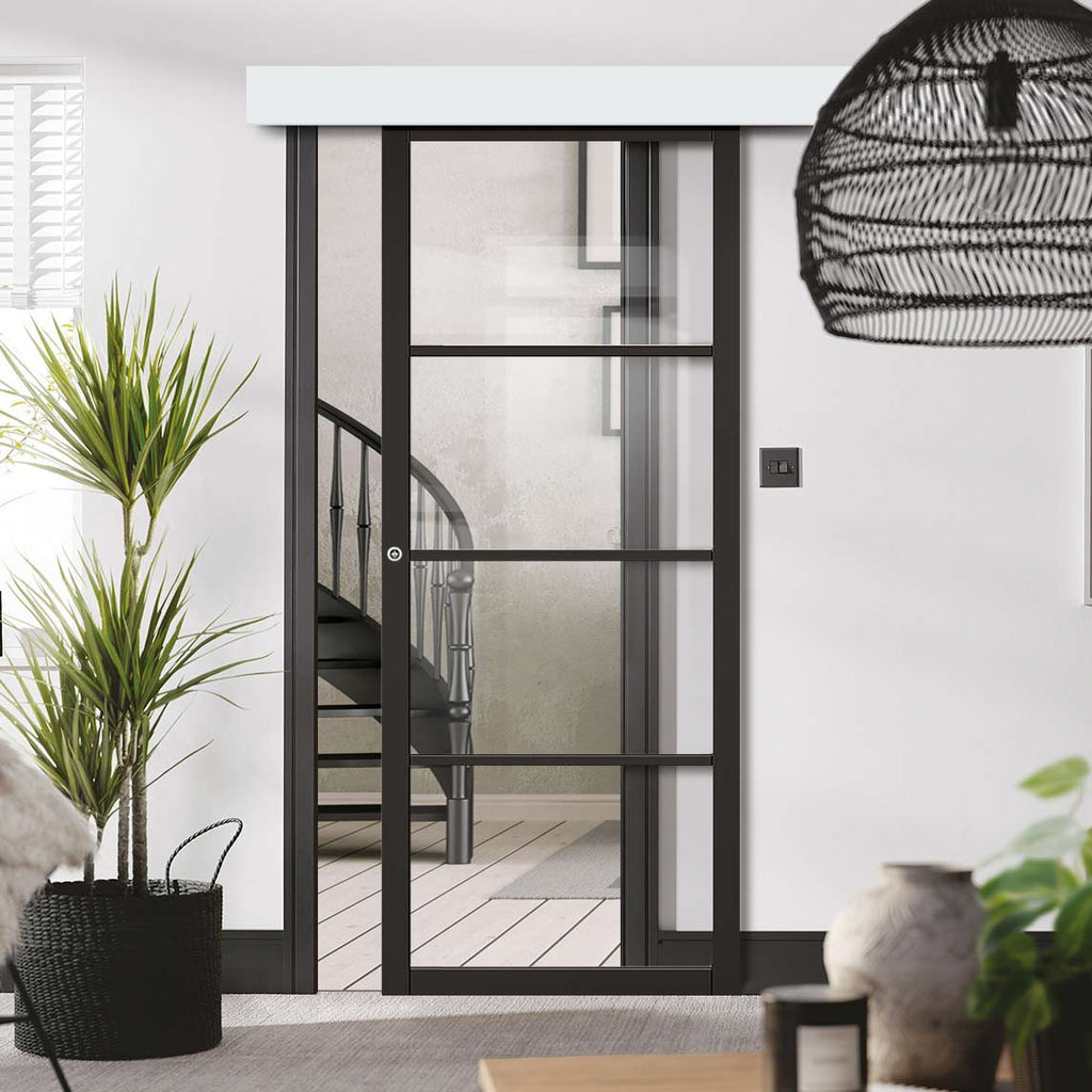 Single Sliding Door & Wall Track - Soho 4 Pane Door - Clear Glass - Black Primed