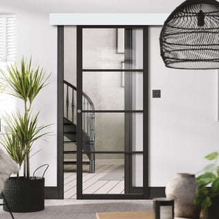 Image: Single Sliding Door & Wall Track - Soho 4 Pane Door - Clear Glass - Black Primed