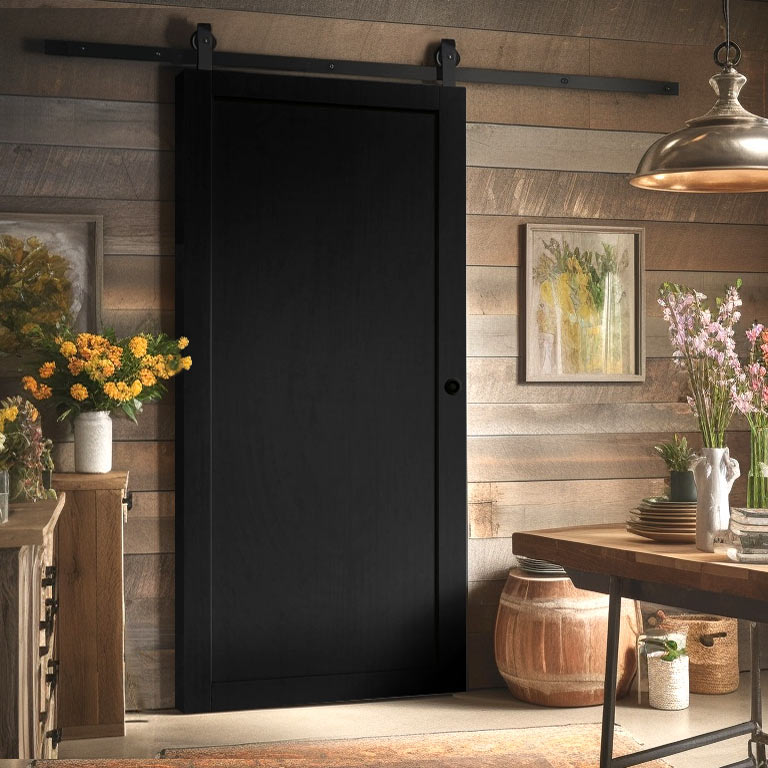 a black sliding barn door, a type of interior door that glides along a track mounted above the doorway