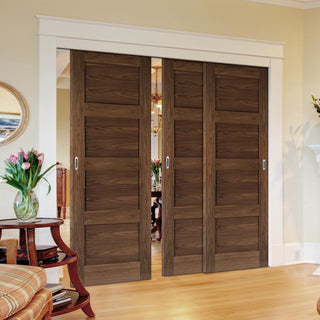 Image: Pass-Easi Three Sliding Doors and Frame Kit - Coventry Prefinished Walnut Shaker Style Door