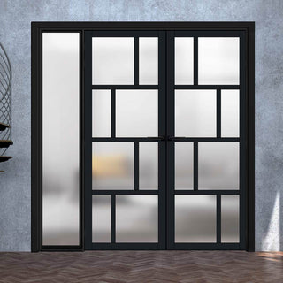 Image: Bespoke Room Divider - Eco-Urban® Kochi Door Pair DD6415F - Frosted Glass with Full Glass Side - Premium Primed - Colour & Size Options
