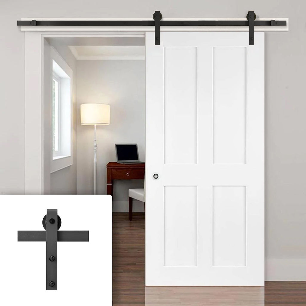 Single Sliding Door & Black Barn Track Victorian Shaker 4 Panel Door - White Primed