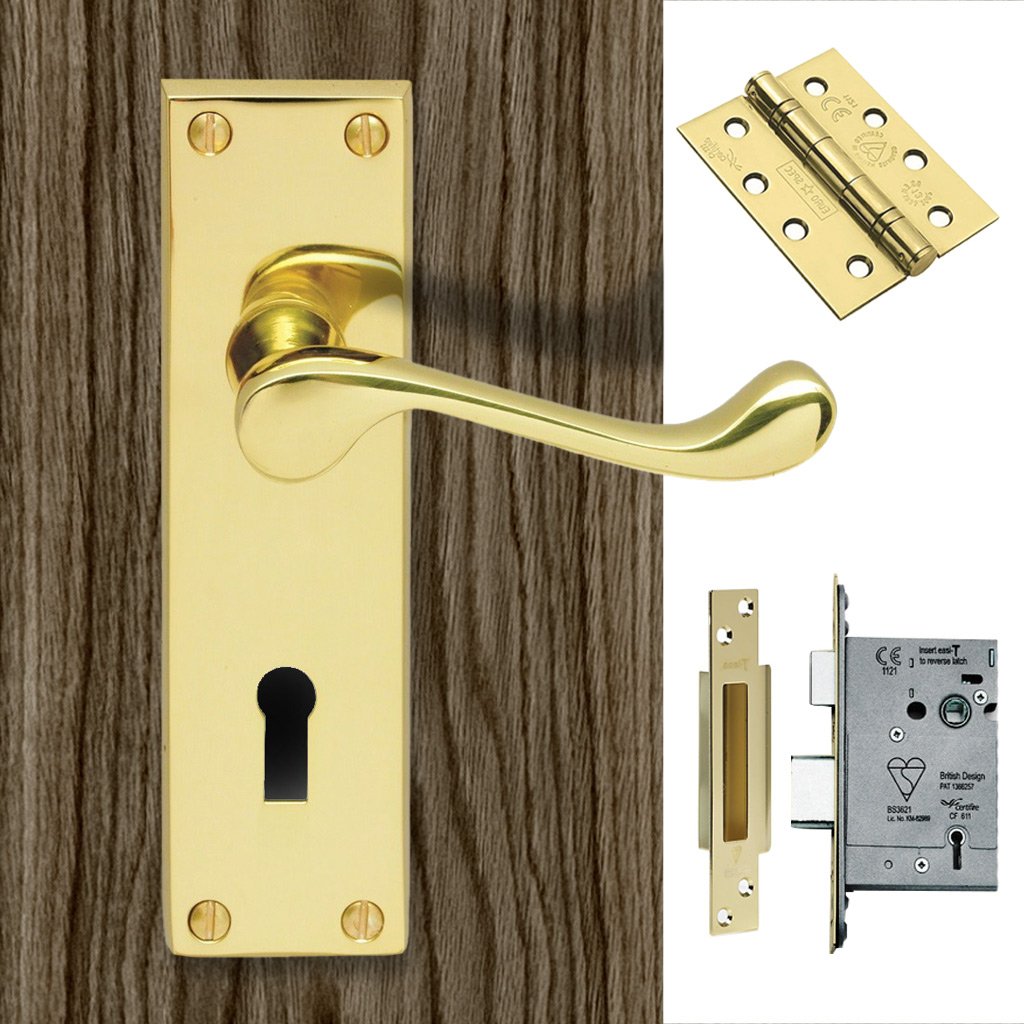 DL54 Victorian Scroll Suite Lever Lock Polished Brass Handle Pack