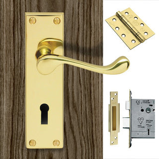 Image: DL54 Victorian Scroll Suite Lever Lock Polished Brass Handle Pack