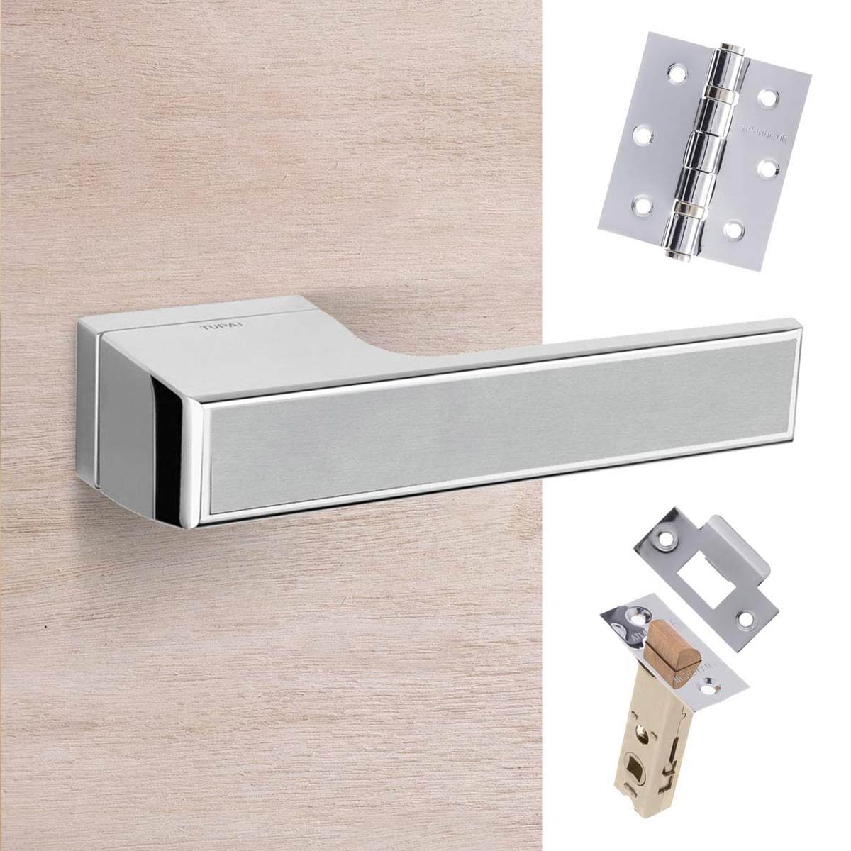 Tupai Rapido VersaLine Tobar Lever on Long Rose - Satin Stainless Steel Decorative Plate - Bright Polished Chrome Handle Pack