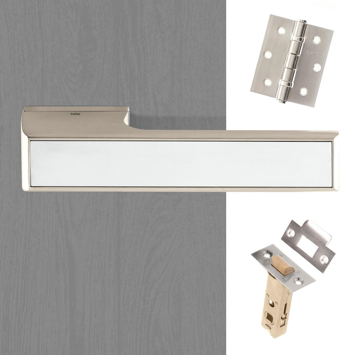 Tupai Rapido VersaLine Tobar Lever on Long Rose - Polished Stainless Steel Decorative Plate - Pearl Nickel Handle Pack