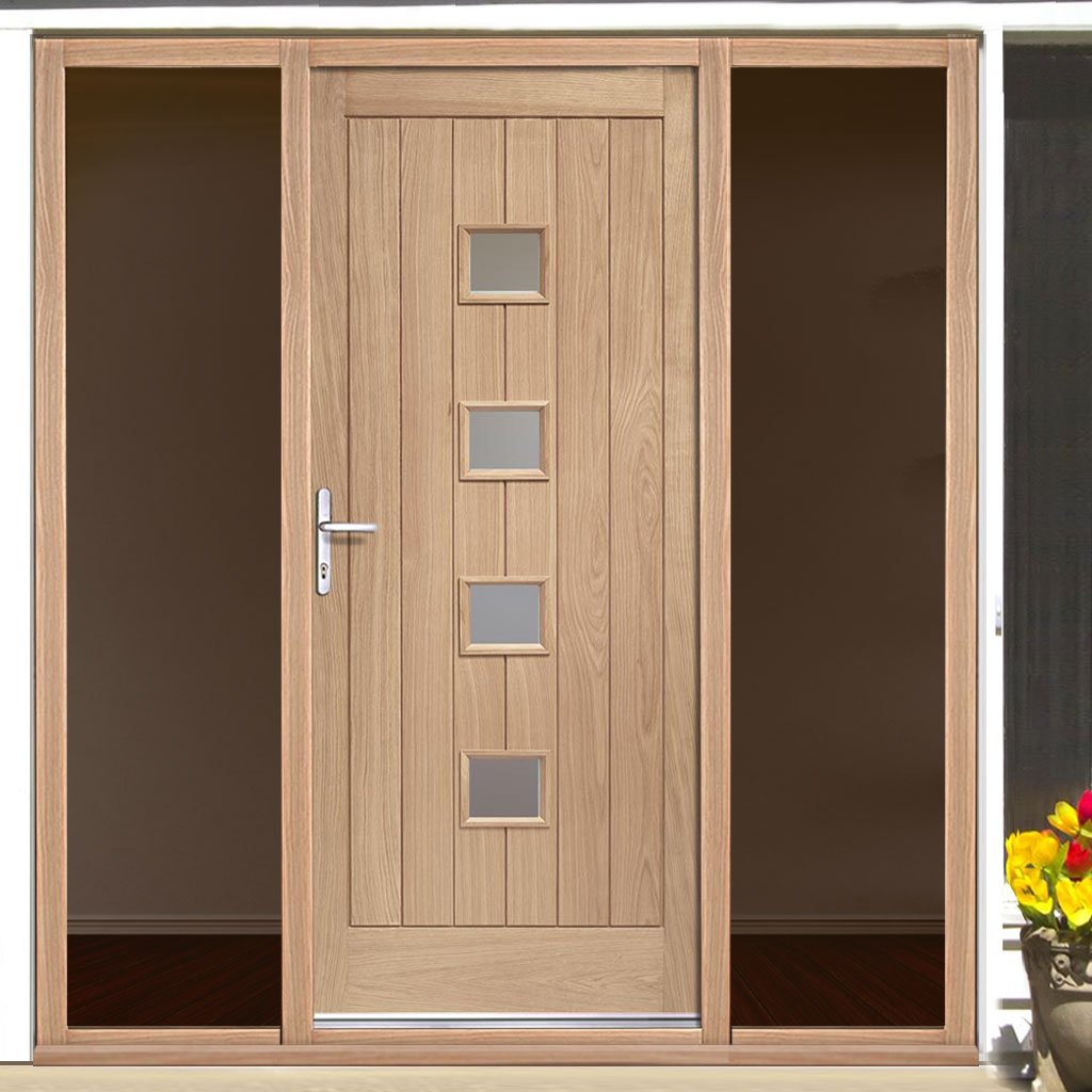 Siena Exterior Oak Door - Frosted Double Glazing and Frame Set - Two Unglazed Side Screens